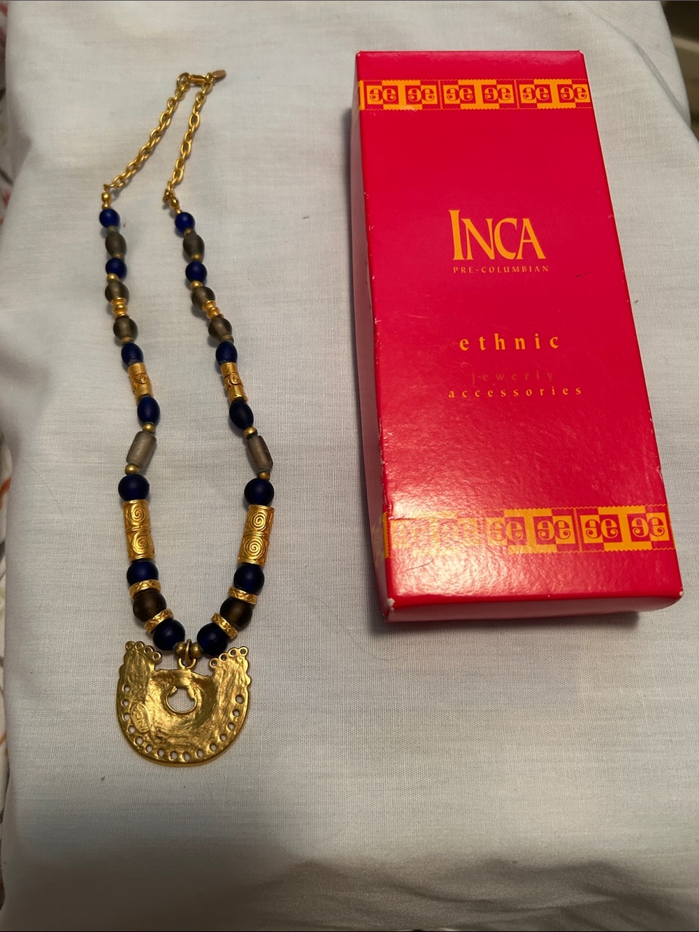 Inca Gold-Tone Ethnic Necklace with Glass Beads